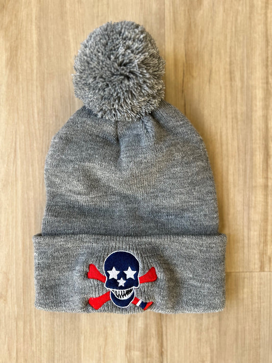 Classic Ribbed Beanie Pom - Grey Embroidered