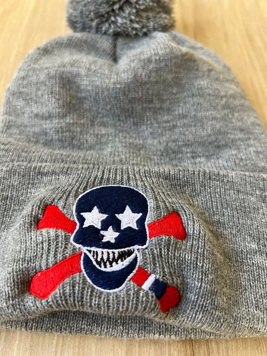 Classic Ribbed Beanie Pom - Grey Embroidered